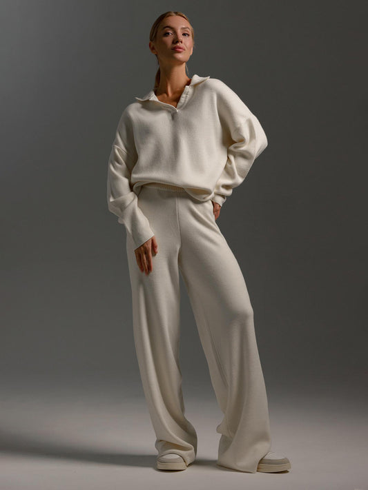 Sultyra Sweater Suit Polo Knitted Pullover Sweater+Wide-leg Pants Two-piece Set