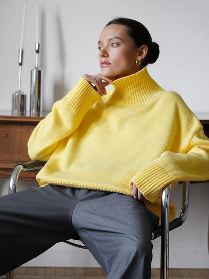 Cross-Border2025Hot-Selling European and American Style Autumn Winter Solid Color High Neck Knitted Sweater Loose Slimming Versatile Knitted Sweater for Women