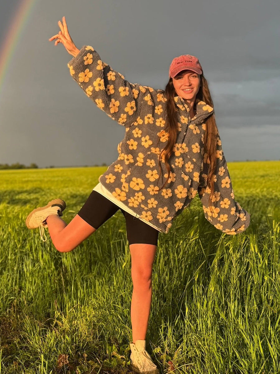 Cross-border fleece floral sweatshirt Europe and America2025Autumn and Winter New Fashion Sweatshirt Warm Fuzzy Sweatshirt Fleece Top for Women