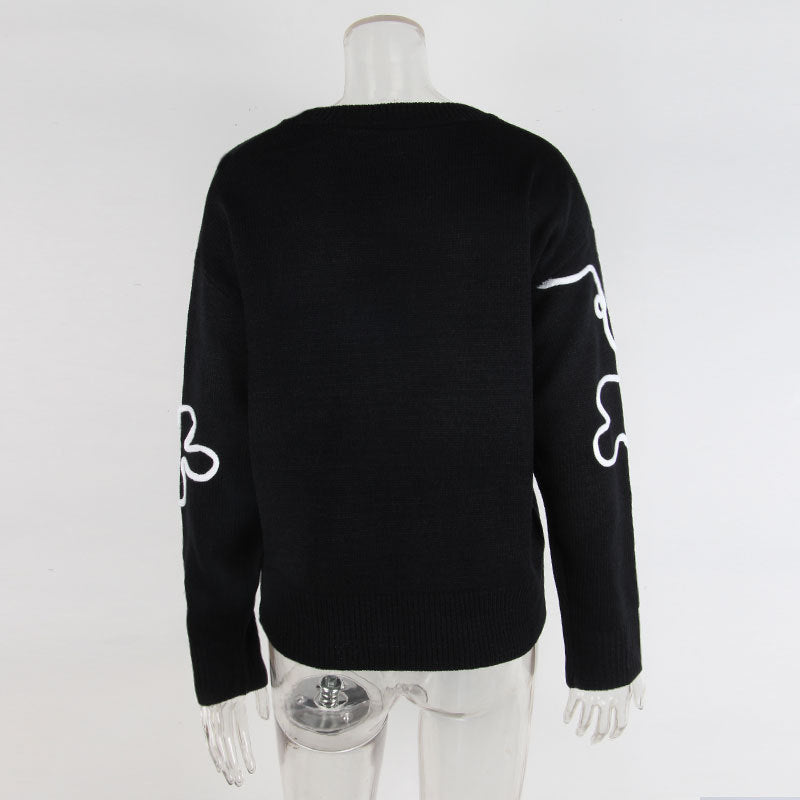 Cross-Border European and American Autumn Winter New Women's Sweater Fashion Flower Three-Dimensional Embroidery Round Neck Pullover Long Sleeve Knitted Sweater for Women