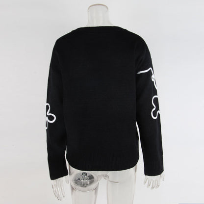 Cross-Border European and American Autumn Winter New Women's Sweater Fashion Flower Three-Dimensional Embroidery Round Neck Pullover Long Sleeve Knitted Sweater for Women
