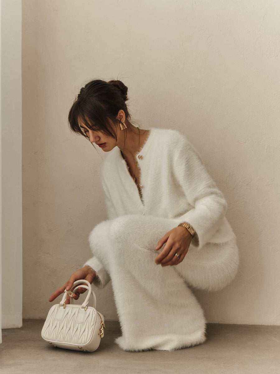 Cross-border Plush Long Sleeve Half-length Dress Set European and American Style2025Autumn and Winter New Single-Breasted Cardigan and Skirt Set