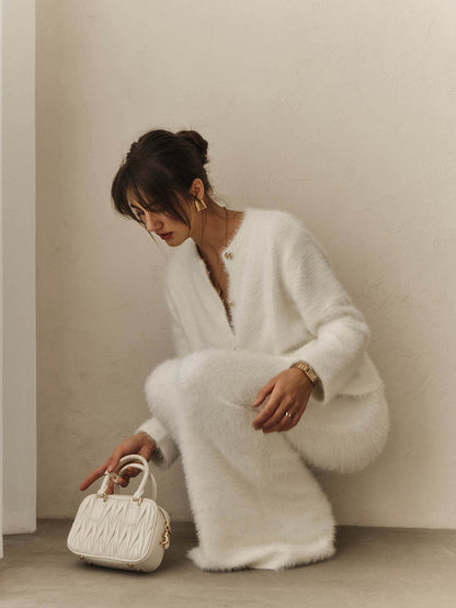 Cross-border Plush Long Sleeve Half-length Dress Set European and American Style2025Autumn and Winter New Single-Breasted Cardigan and Skirt Set