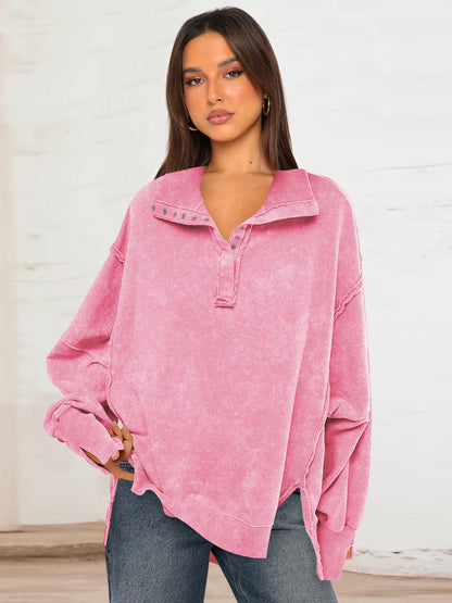 Sultyra Decorative Line Design Sense Top with Slit Lantern Sleeves polo