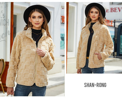 Shiny Velvet2023Autumn and Winter New Cross-Border European and American Women's Long Sleeve Cardigan Zipper Loose Solid Color Plaid Fuzzy Coat