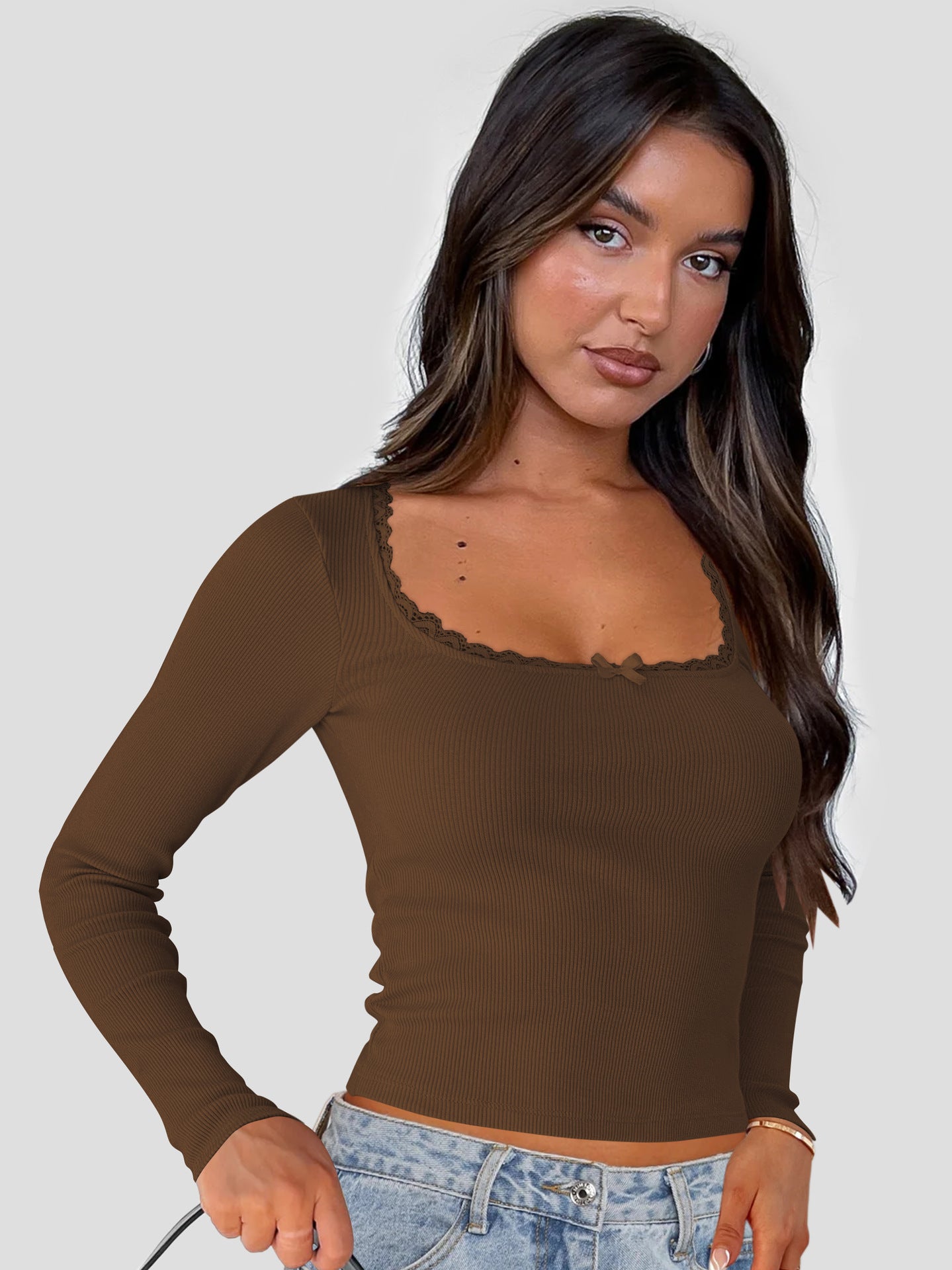 New Long Sleeve t T-shirt Women's Clothing wish Cross-border Trendy Brand Slim Fit Lace Patchwork Hot Girl Top U Collared Base Shirt