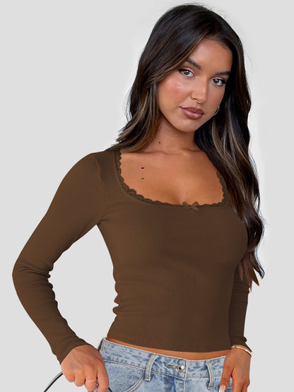 New Long Sleeve t T-shirt Women's Clothing wish Cross-border Trendy Brand Slim Fit Lace Patchwork Hot Girl Top U Collared Base Shirt