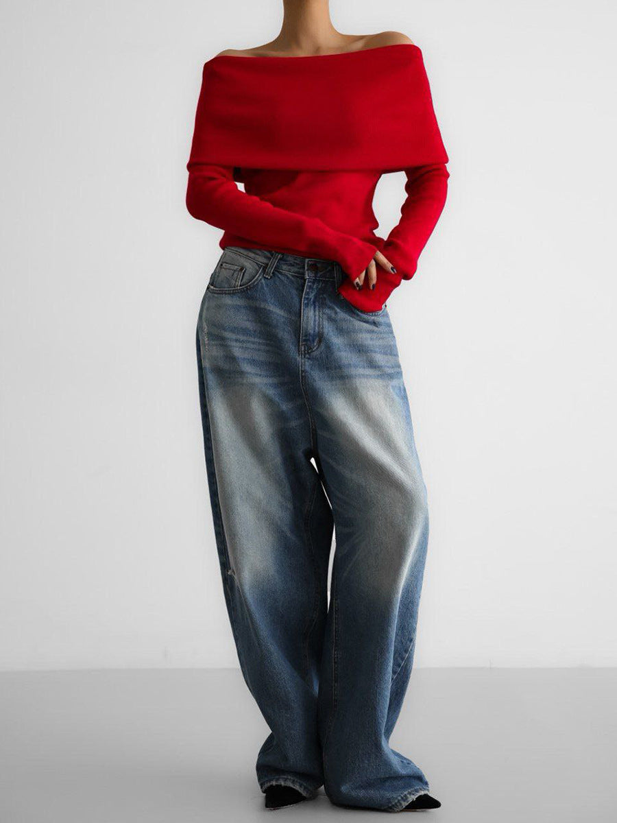Cross-border Women's Sweater2025Autumn Winter European American Style Long Sleeve Knitted Bottoming Shirt One Shoulder Sexy Slim Off Shoulder Top