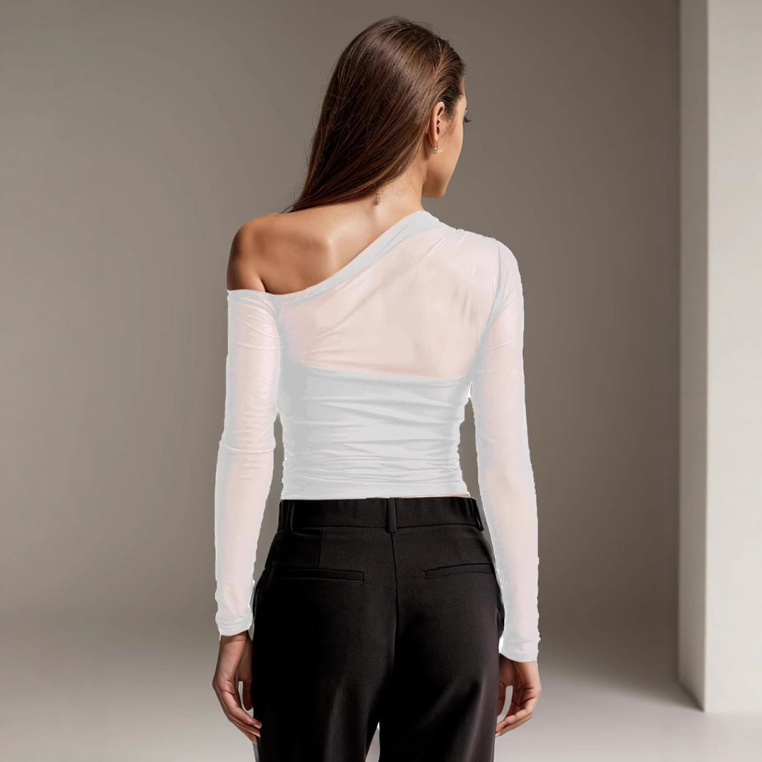 European and American Autumn New Foreign Trade Mesh Patchwork Sheer Asymmetrical Long Sleeve T T-shirt Pure Desire Sexy Unique Regular Shoulder Top