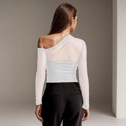 European and American Autumn New Foreign Trade Mesh Patchwork Sheer Asymmetrical Long Sleeve T T-shirt Pure Desire Sexy Unique Regular Shoulder Top