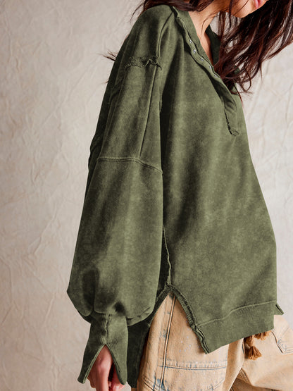 Sultyra Decorative Line Design Sense Top with Slit Lantern Sleeves polo