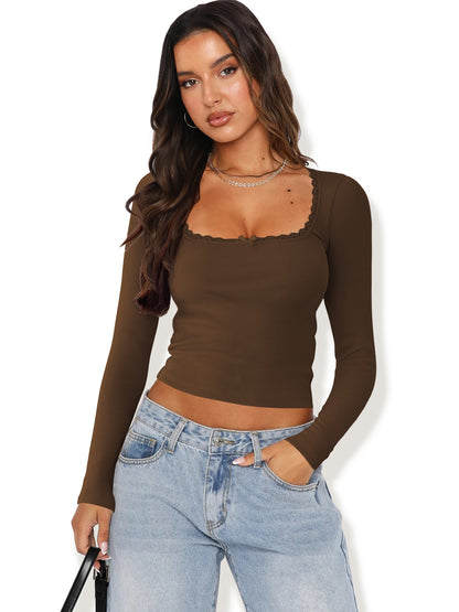 New Long Sleeve t T-shirt Women's Clothing wish Cross-border Trendy Brand Slim Fit Lace Patchwork Hot Girl Top U Collared Base Shirt