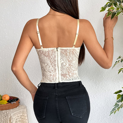 Sultyra Embroidered Tie Zipper Irregular Slim Fit Sheer Camisole