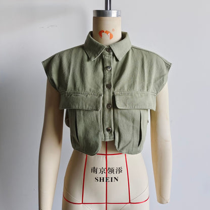 Amazon Women's Solid Color Large Pocket Sleeveless High-End Cardigan Polo Collared Shirt Denim Top A19846