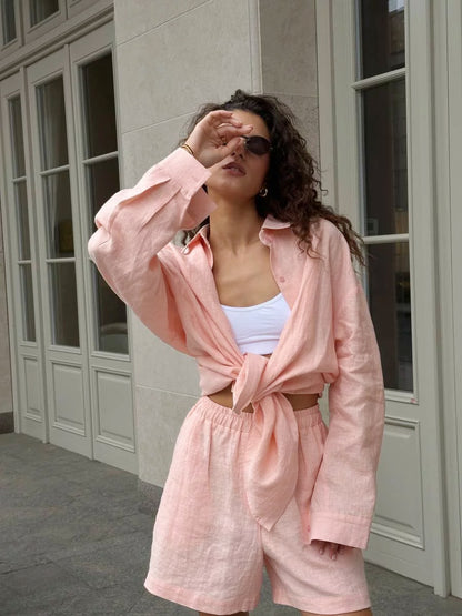 Cross-border pure cotton cardigan long sleeve shorts set2025Spring and summer outerwear simple solid color European and American style casual suit for women