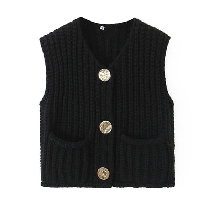 11Color Amazon2024Spring and Autumn New Women's Fashion European and American Style Pocket Sleeveless Short Knitted Cardigan Vest