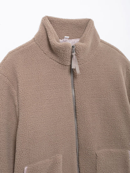 Cross-Border2024European and American Style Autumn Winter New Women's Solid Color Lazy Style Lamb Wool High Neck Woolen Coat A65002