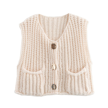 11Color Amazon2024Spring and Autumn New Women's Fashion European and American Style Pocket Sleeveless Short Knitted Cardigan Vest