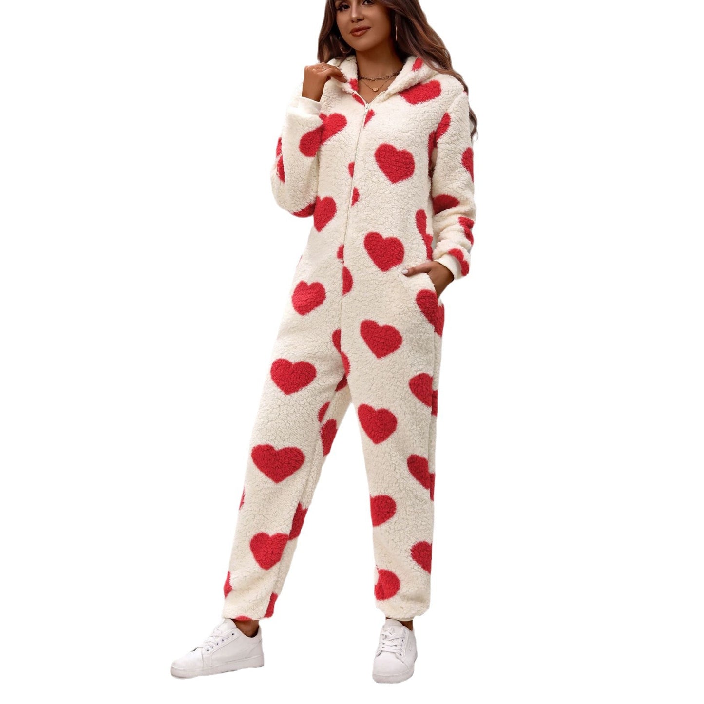 Shiny Velvet2023Cross-border European and American Women's Clothing Amazon Autumn and Winter New Plush Love Heart Print Christmas Hooded Jumpsuit