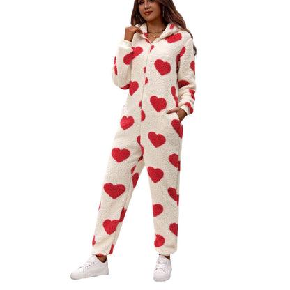 Shiny Velvet2023Cross-border European and American Women's Clothing Amazon Autumn and Winter New Plush Love Heart Print Christmas Hooded Jumpsuit