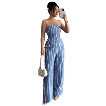 Cross-border Fashion Elegant Strapless Striped Long Pants Two-piece Set Women's Clothing2025Spring and Summer Amazon Non-Iron Comfortable