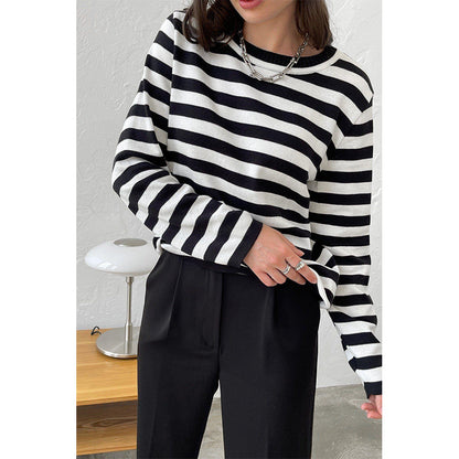 Cross-border Round Neck Knitted Striped Sweater European and American Style2025Spring Versatile Classic Retro Striped Pullover Sweater for Women