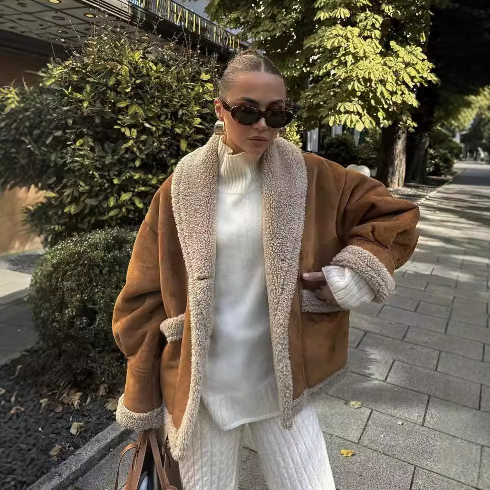 Cross-Border2024Autumn Winter Women's American Retro Woolen Coat with Turn-down Collar Loose Fur Coat for Women B88747