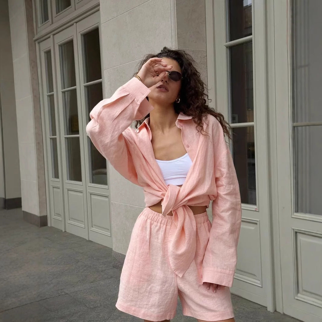 Cross-border pure cotton cardigan long sleeve shorts set2025Spring and summer outerwear simple solid color European and American style casual suit for women