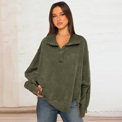 Sultyra Decorative Line Design Sense Top with Slit Lantern Sleeves polo