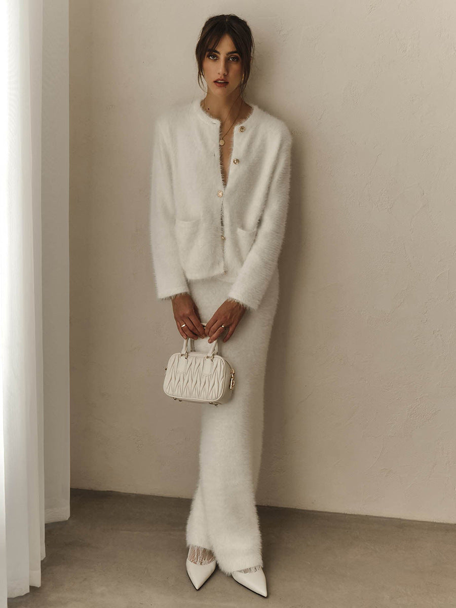 Cross-border Plush Long Sleeve Half-length Dress Set European and American Style2025Autumn and Winter New Single-Breasted Cardigan and Skirt Set