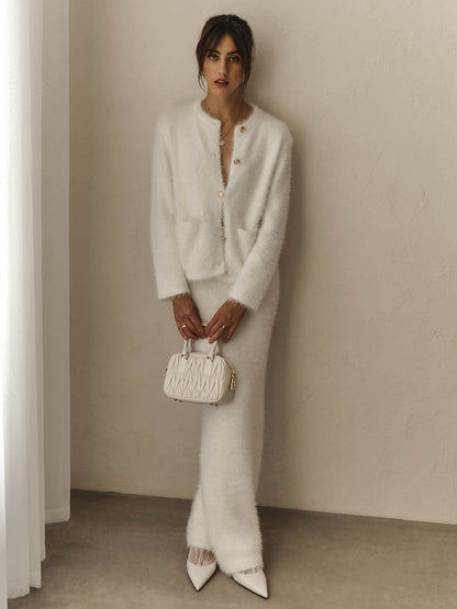 Cross-border Plush Long Sleeve Half-length Dress Set European and American Style2025Autumn and Winter New Single-Breasted Cardigan and Skirt Set