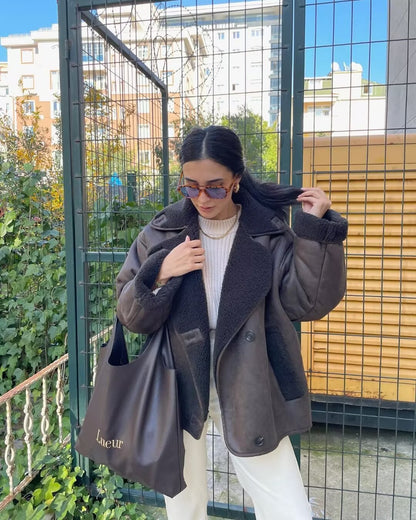 Foreign Trade Women's Clothing Wholesale2025Spring and Autumn New Casual Leather and Fur Integrated Double-Sided Jacket with Turn-Down Collar B88681