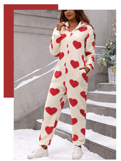 Shiny Velvet2023Cross-border European and American Women's Clothing Amazon Autumn and Winter New Plush Love Heart Print Christmas Hooded Jumpsuit