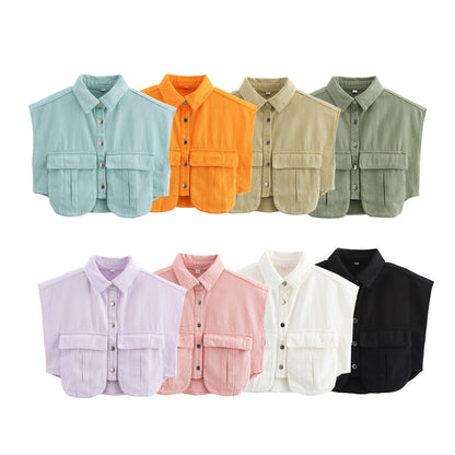 Amazon Women's Solid Color Large Pocket Sleeveless High-End Cardigan Polo Collared Shirt Denim Top A19846