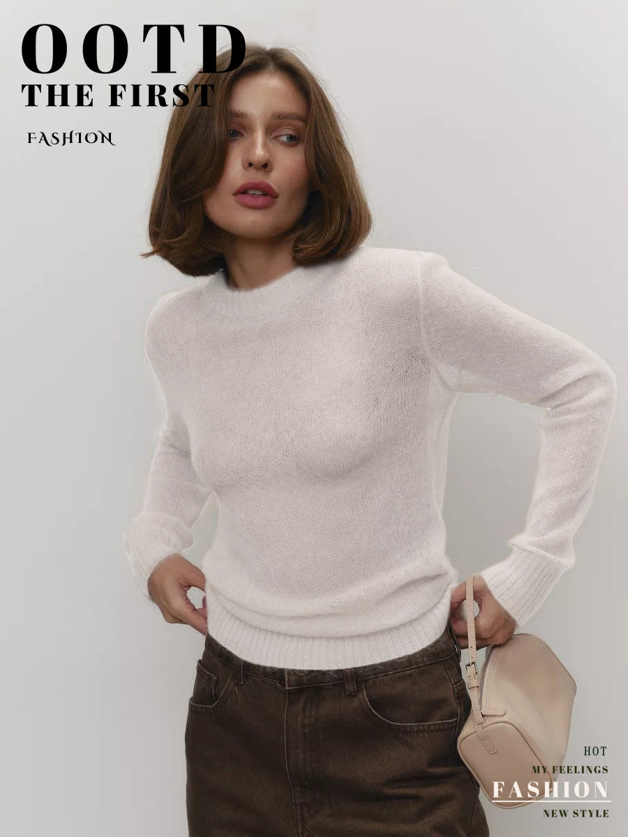 Cross-border Mohair Crew Neck Pullover Sweater European and American Style2025Spring and Summer New Comfortable Knitted Base Semi-Transparent Sweater for Women