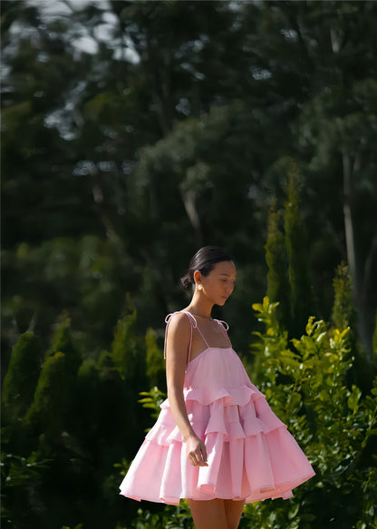 Cross-border spaghetti strap dress European and American style2025Summer Multi-layer Ruffle Cake Dress Short Backless Strap Dress