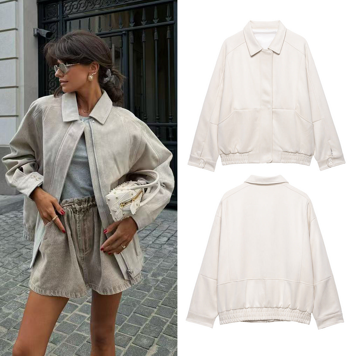 Cross-border Wholesale European and American Style2025Autumn and Winter Fashion Turn-Down Collar Suede Texture Loose Flight Jacket for Women A6