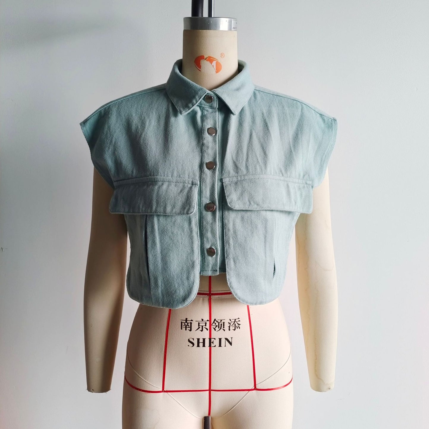 Amazon Women's Solid Color Large Pocket Sleeveless High-End Cardigan Polo Collared Shirt Denim Top A19846