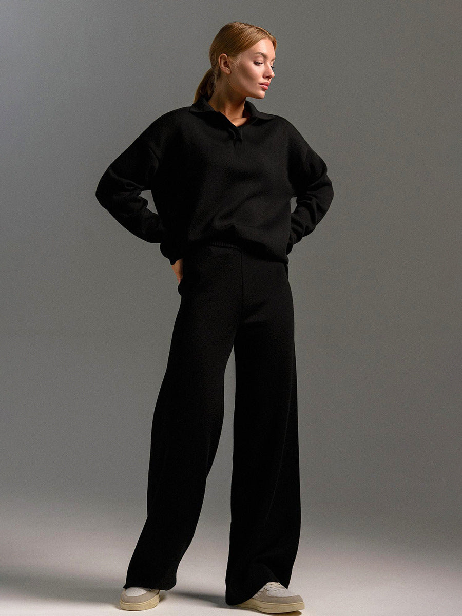 Sultyra Sweater Suit Polo Knitted Pullover Sweater+Wide-leg Pants Two-piece Set
