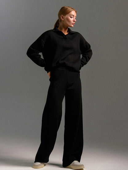 Sultyra Sweater Suit Polo Knitted Pullover Sweater+Wide-leg Pants Two-piece Set