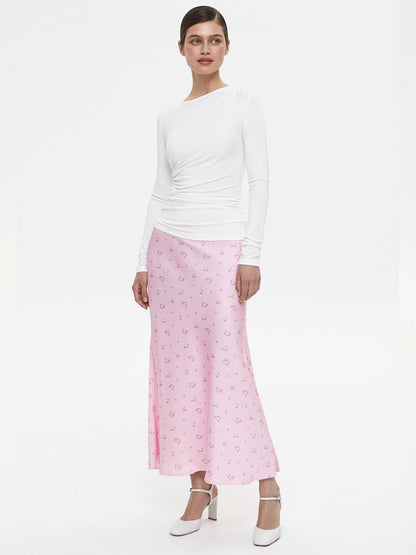 Cross-border Printed Midi Skirt European and American Style2025Spring and Summer New Elegant Floral Satin Printed Draped High-Waisted Skirt