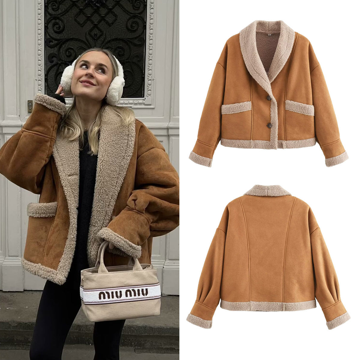 Cross-Border2024Autumn Winter Women's American Retro Woolen Coat with Turn-down Collar Loose Fur Coat for Women B88747