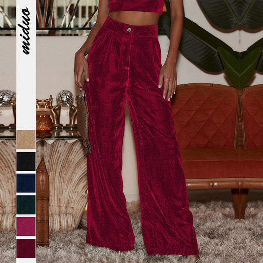 Sultyra Suede Loose Button Slimming Straight Wide-Leg Pants