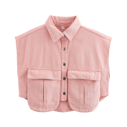 Amazon Women's Solid Color Large Pocket Sleeveless High-End Cardigan Polo Collared Shirt Denim Top A19846