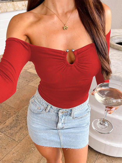 Sultyra Off-Shoulder Metal Buckle Ruched Slim Fit Long Sleeve