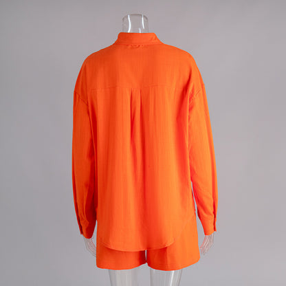 Cross-border pure cotton cardigan long sleeve shorts set2025Spring and summer outerwear simple solid color European and American style casual suit for women