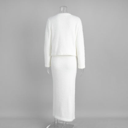 Cross-border Plush Long Sleeve Half-length Dress Set European and American Style2025Autumn and Winter New Single-Breasted Cardigan and Skirt Set