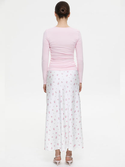 Cross-border Printed Midi Skirt European and American Style2025Spring and Summer New Elegant Floral Satin Printed Draped High-Waisted Skirt