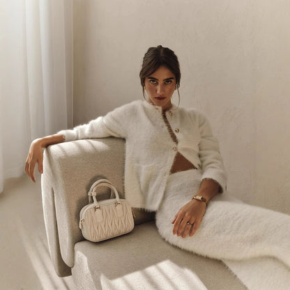 Cross-border Plush Long Sleeve Half-length Dress Set European and American Style2025Autumn and Winter New Single-Breasted Cardigan and Skirt Set