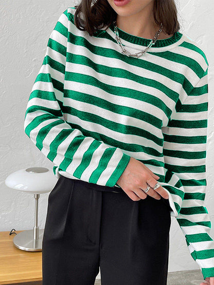 Cross-border Round Neck Knitted Striped Sweater European and American Style2025Spring Versatile Classic Retro Striped Pullover Sweater for Women